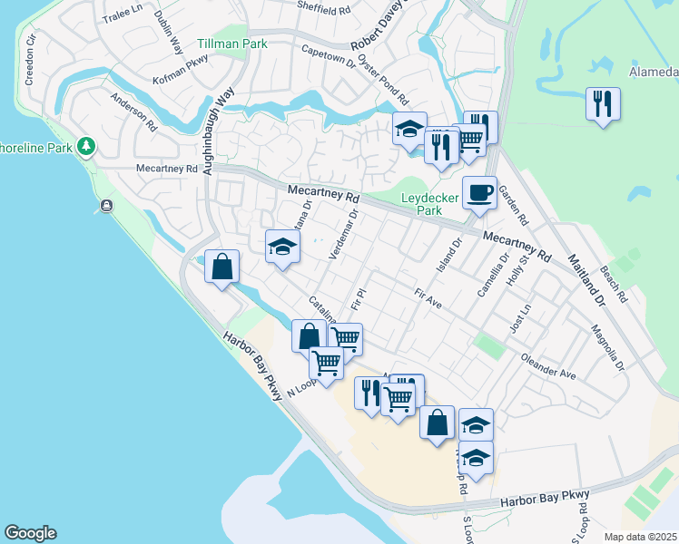 map of restaurants, bars, coffee shops, grocery stores, and more near 3109 La Campania in Alameda