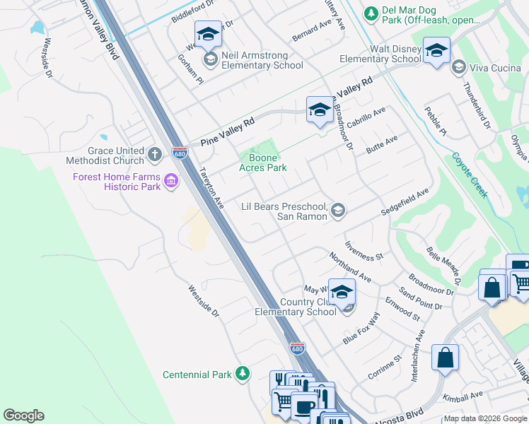 map of restaurants, bars, coffee shops, grocery stores, and more near 9683 Davona Drive in San Ramon