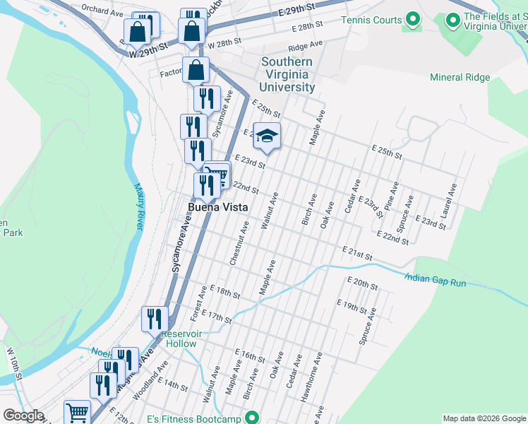 map of restaurants, bars, coffee shops, grocery stores, and more near 351 East 21st Street in Buena Vista