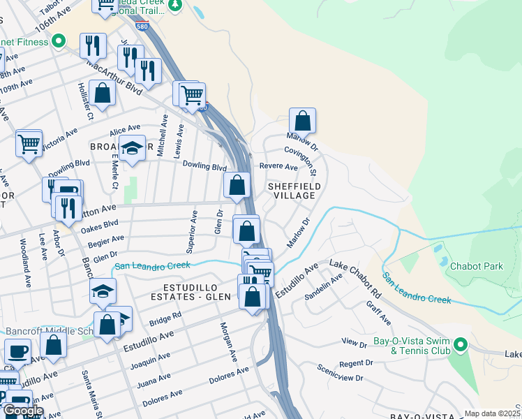 map of restaurants, bars, coffee shops, grocery stores, and more near 3076 Middleton Drive in Oakland