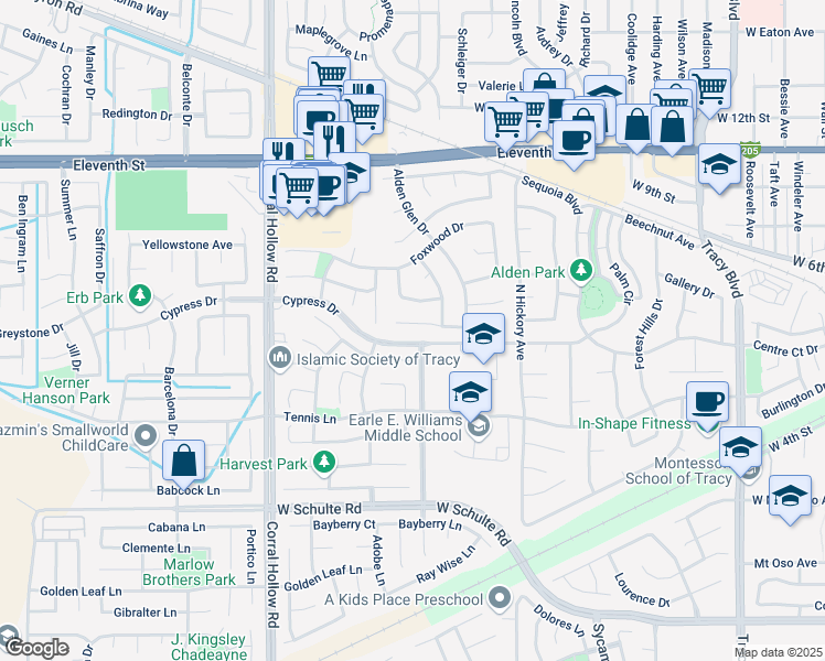 map of restaurants, bars, coffee shops, grocery stores, and more near 1710 Stags Leap Court in Tracy