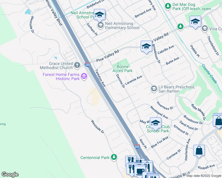 map of restaurants, bars, coffee shops, grocery stores, and more near 20 Cody Court in San Ramon