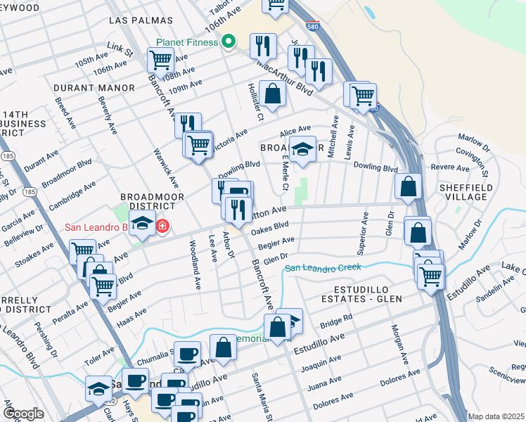 map of restaurants, bars, coffee shops, grocery stores, and more near 728 Dutton Avenue in San Leandro