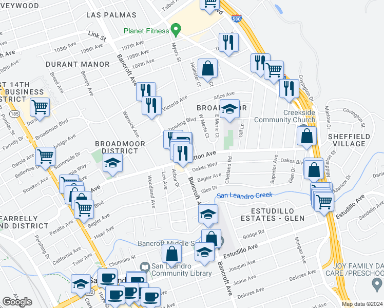 map of restaurants, bars, coffee shops, grocery stores, and more near 728 Dutton Avenue in San Leandro