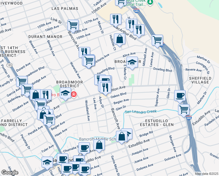 map of restaurants, bars, coffee shops, grocery stores, and more near 600 Bancroft Avenue in San Leandro