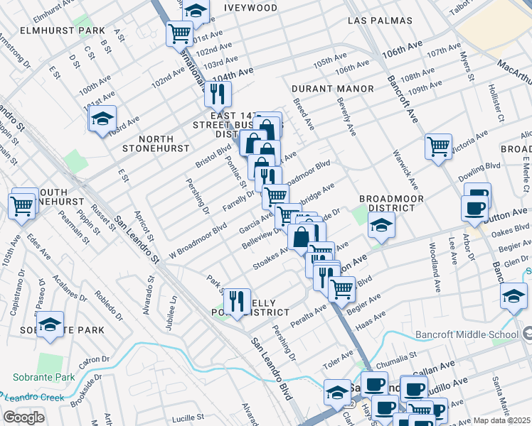 map of restaurants, bars, coffee shops, grocery stores, and more near in San Leandro