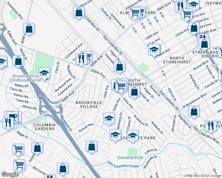 map of restaurants, bars, coffee shops, grocery stores, and more near 685 Cary Avenue in Oakland