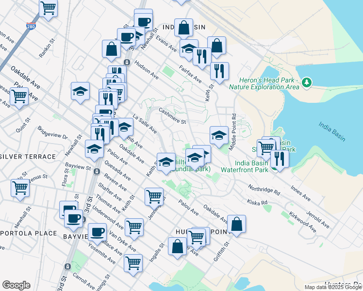 map of restaurants, bars, coffee shops, grocery stores, and more near 2 Progress Street in San Francisco