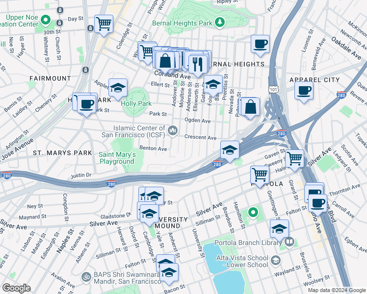 map of restaurants, bars, coffee shops, grocery stores, and more near in San Francisco