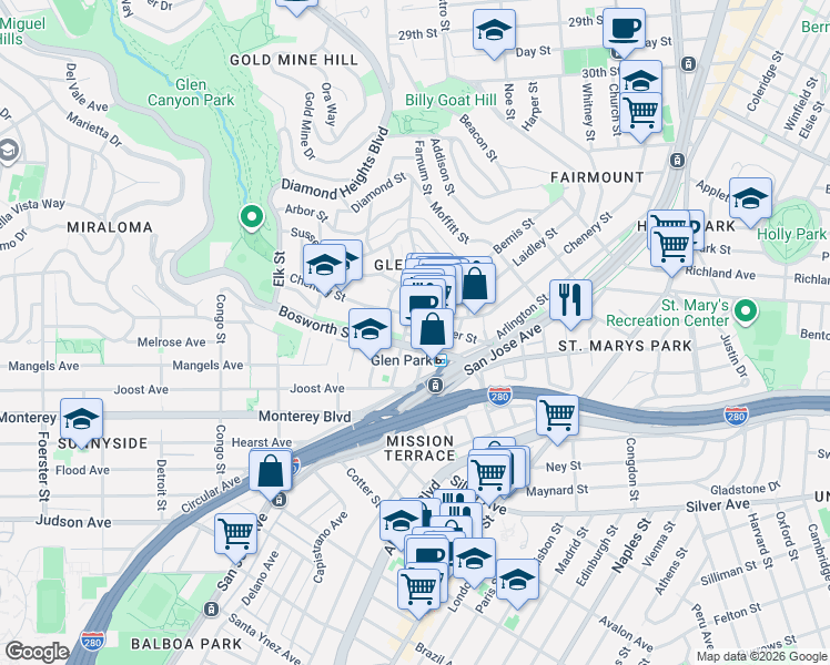 map of restaurants, bars, coffee shops, grocery stores, and more near in San Francisco