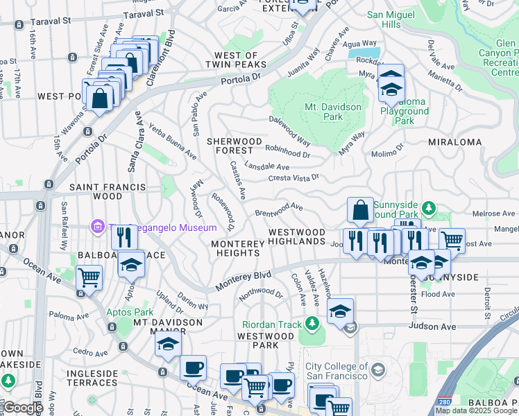 map of restaurants, bars, coffee shops, grocery stores, and more near 180 Brentwood Avenue in San Francisco
