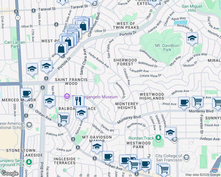 map of restaurants, bars, coffee shops, grocery stores, and more near 36 Fernwood Drive in San Francisco