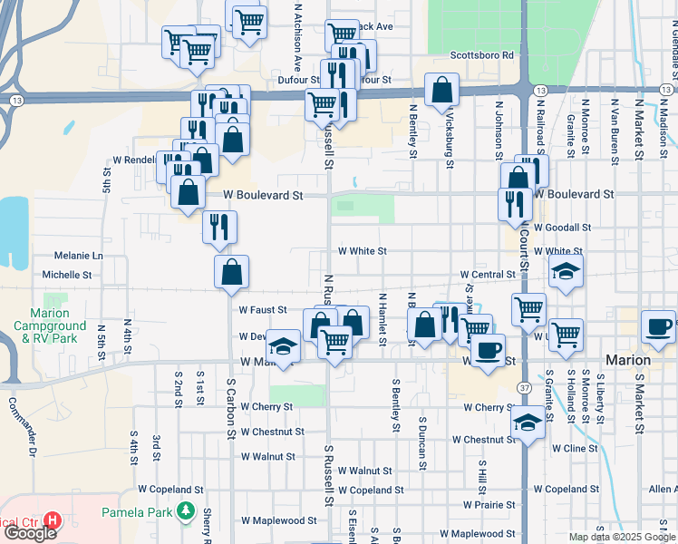 map of restaurants, bars, coffee shops, grocery stores, and more near 1303 West Central Street in Marion