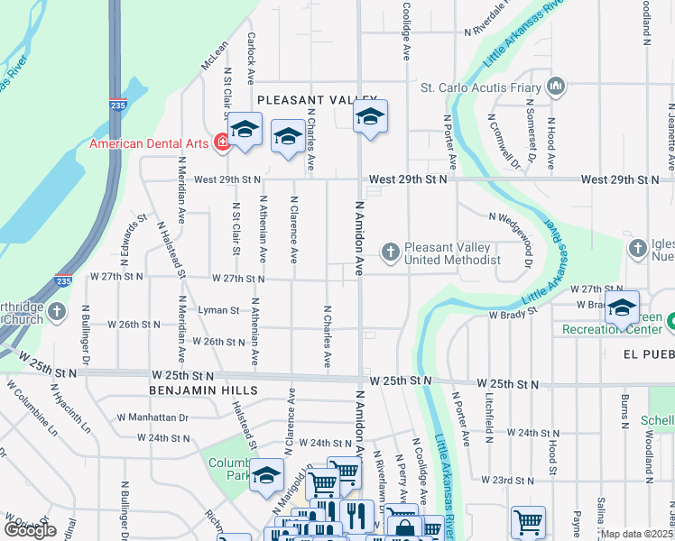 map of restaurants, bars, coffee shops, grocery stores, and more near 2749 North Amidon Avenue in Wichita