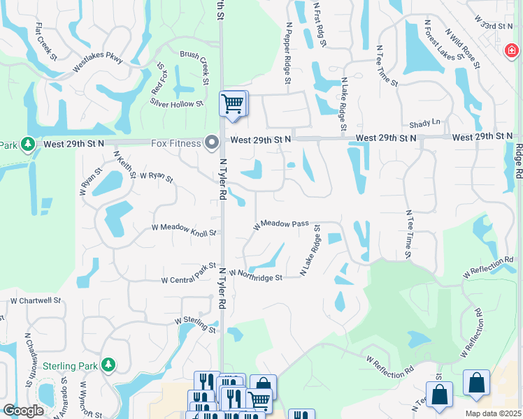 map of restaurants, bars, coffee shops, grocery stores, and more near 8502 West Meadow Pass in Wichita