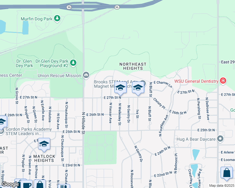 map of restaurants, bars, coffee shops, grocery stores, and more near 3530 East 27th Street North in Wichita