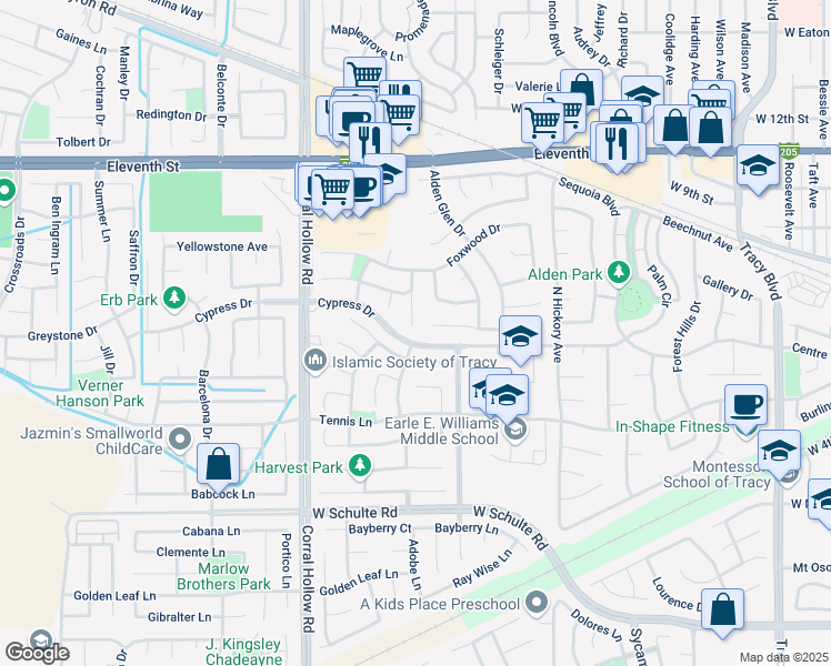 map of restaurants, bars, coffee shops, grocery stores, and more near 400 Silvertail Place in Tracy