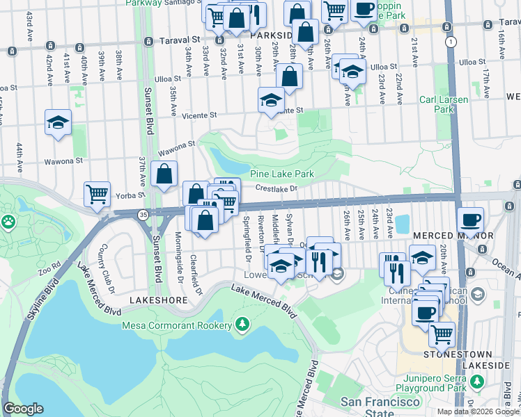 map of restaurants, bars, coffee shops, grocery stores, and more near 2 Riverton Drive in San Francisco
