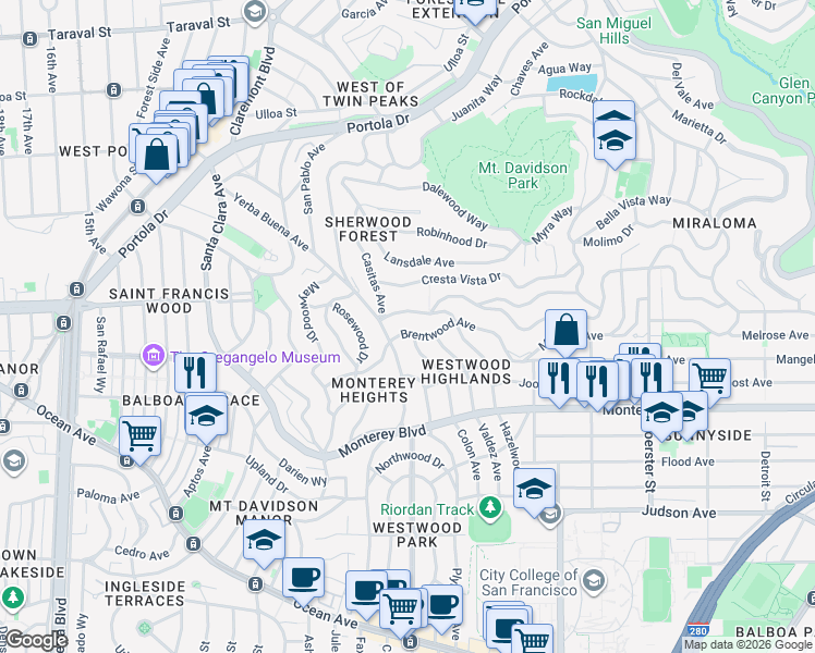 map of restaurants, bars, coffee shops, grocery stores, and more near 180 Brentwood Avenue in San Francisco