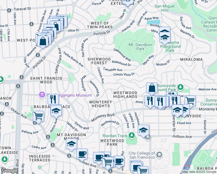 map of restaurants, bars, coffee shops, grocery stores, and more near 180 Brentwood Avenue in San Francisco