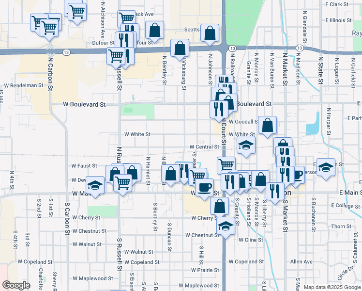 map of restaurants, bars, coffee shops, grocery stores, and more near 1010 West Central Street in Marion