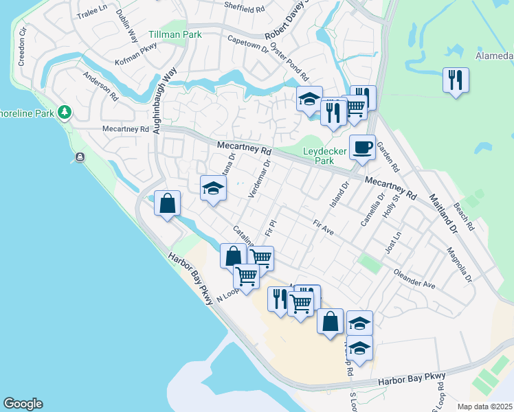 map of restaurants, bars, coffee shops, grocery stores, and more near 3109 La Campania in Alameda