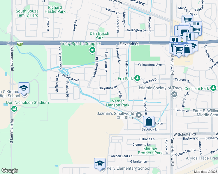 map of restaurants, bars, coffee shops, grocery stores, and more near 2522 Greystone Drive in Tracy