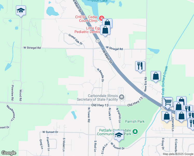 map of restaurants, bars, coffee shops, grocery stores, and more near 510 Lexington Court in Carbondale