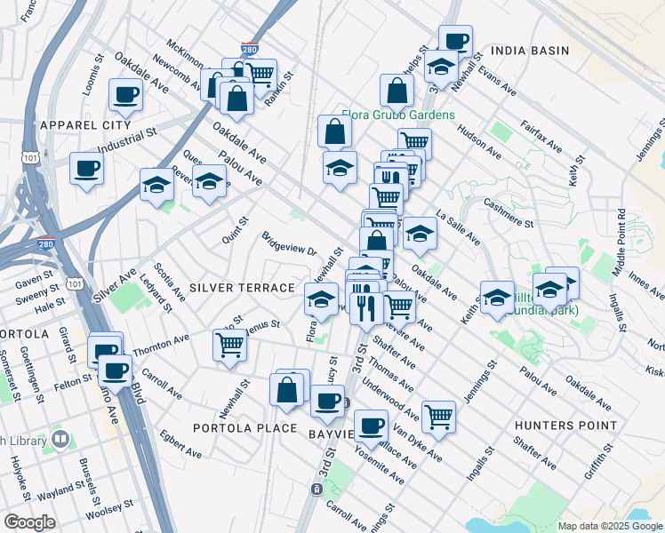 map of restaurants, bars, coffee shops, grocery stores, and more near 2 Newhall Street in San Francisco