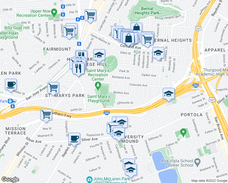 map of restaurants, bars, coffee shops, grocery stores, and more near 69 Arnold Ave in San Francisco