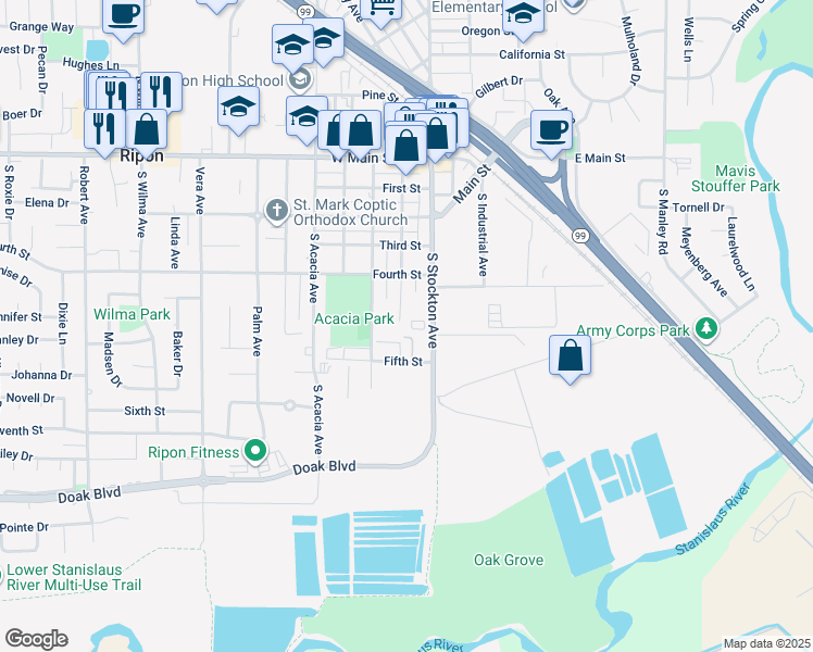 map of restaurants, bars, coffee shops, grocery stores, and more near 651 South Stockton Avenue in Ripon