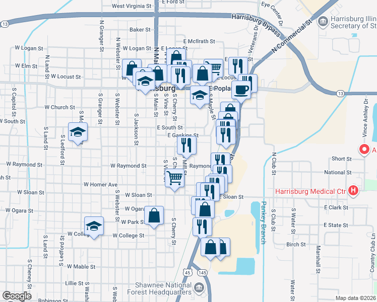 map of restaurants, bars, coffee shops, grocery stores, and more near 304 South Mill Street in Harrisburg