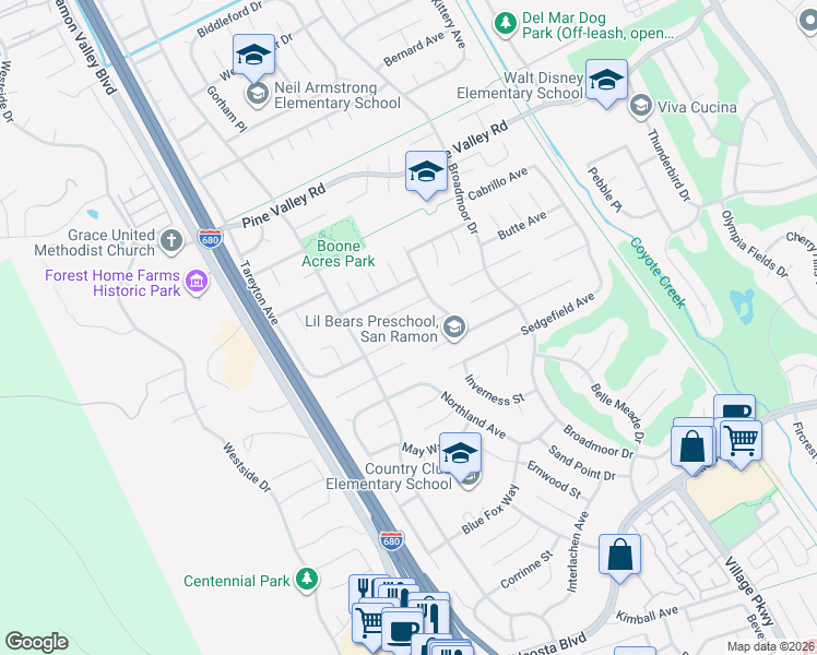 map of restaurants, bars, coffee shops, grocery stores, and more near 71 Hazelnut Court in San Ramon