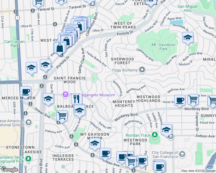 map of restaurants, bars, coffee shops, grocery stores, and more near 36 Fernwood Drive in San Francisco