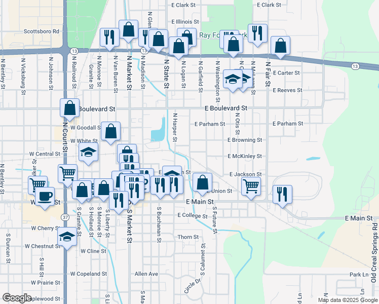 map of restaurants, bars, coffee shops, grocery stores, and more near 501 East McKinley Street in Marion