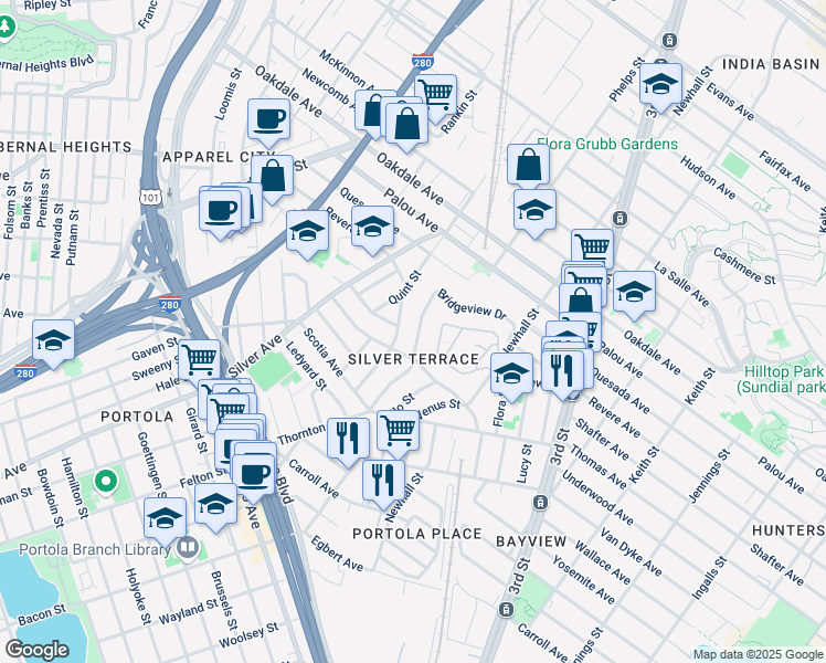 map of restaurants, bars, coffee shops, grocery stores, and more near 80 Maddux Avenue in San Francisco