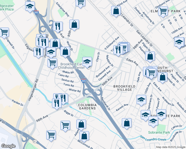 map of restaurants, bars, coffee shops, grocery stores, and more near 349 Clara Street in Oakland