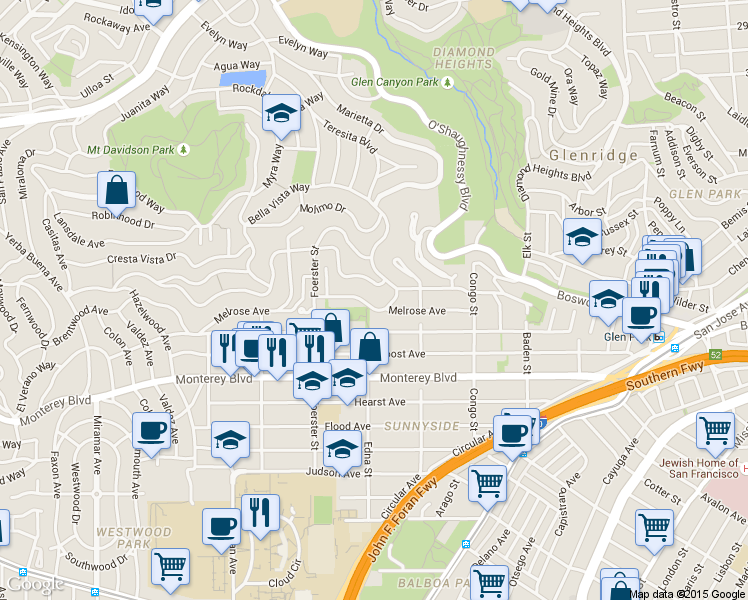 map of restaurants, bars, coffee shops, grocery stores, and more near 906 Teresita Boulevard in San Francisco