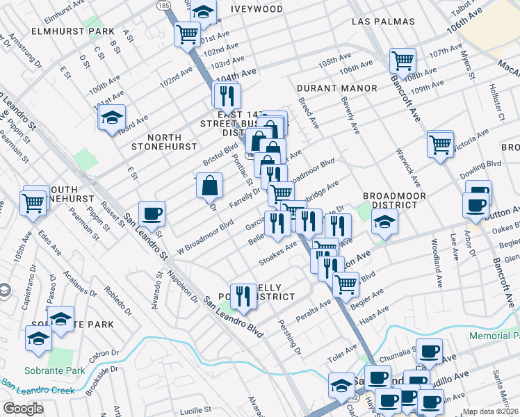 map of restaurants, bars, coffee shops, grocery stores, and more near 220 Lafayette Avenue in San Leandro