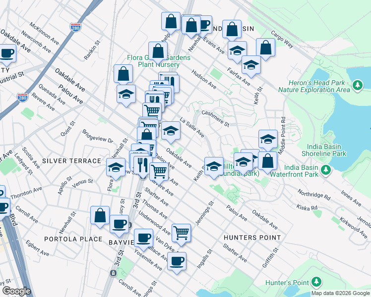 map of restaurants, bars, coffee shops, grocery stores, and more near Newcomb Avenue & Lane Street in San Francisco