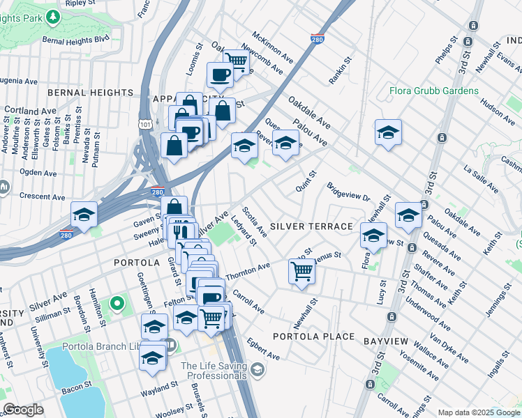 map of restaurants, bars, coffee shops, grocery stores, and more near Santa Fe Avenue in San Francisco