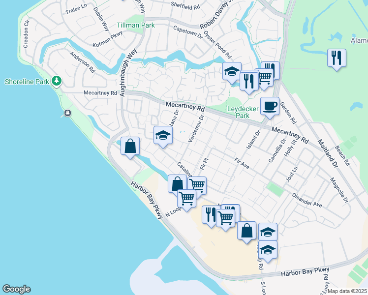 map of restaurants, bars, coffee shops, grocery stores, and more near 3039 Linda Vista in Alameda