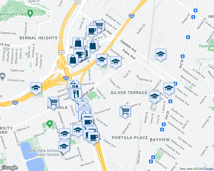 map of restaurants, bars, coffee shops, grocery stores, and more near 40 Santa Fe Avenue in San Francisco