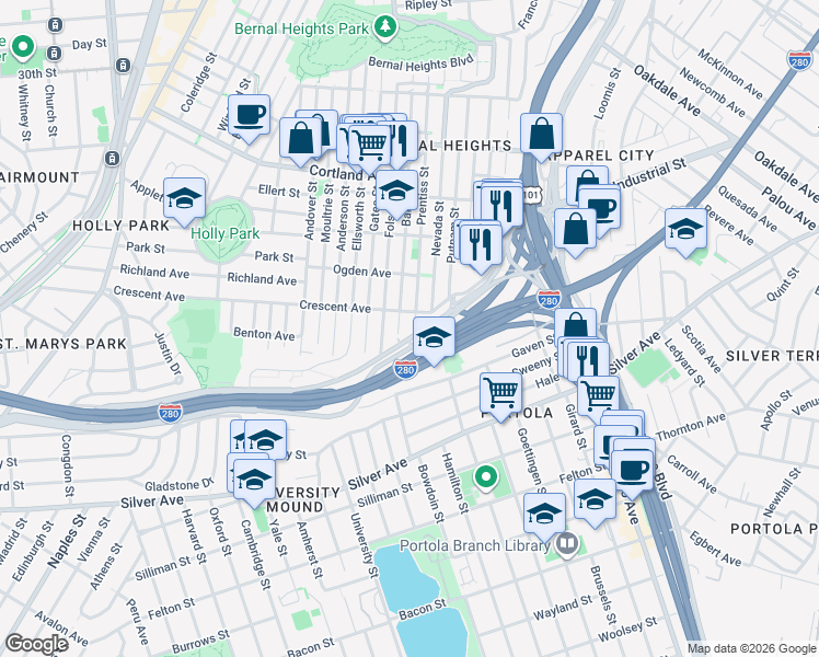 map of restaurants, bars, coffee shops, grocery stores, and more near 316 Alemany Boulevard in San Francisco