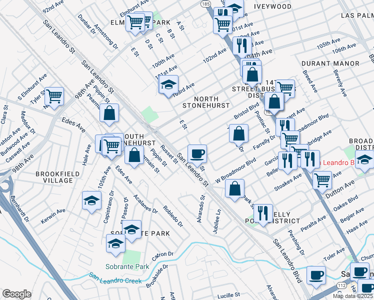 map of restaurants, bars, coffee shops, grocery stores, and more near 934 Blenheim Street in Oakland