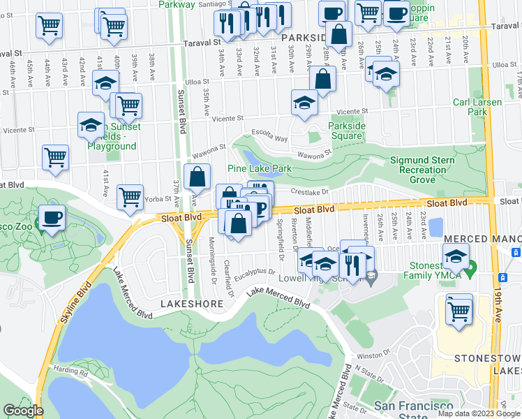 map of restaurants, bars, coffee shops, grocery stores, and more near Sloat Boulevard in San Francisco