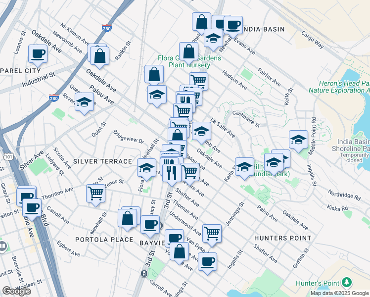 map of restaurants, bars, coffee shops, grocery stores, and more near 1433 Mendell Street in San Francisco