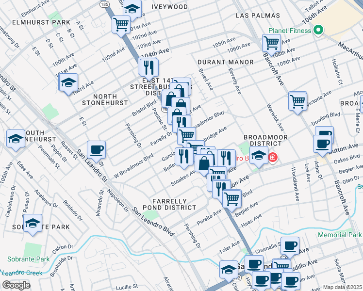 map of restaurants, bars, coffee shops, grocery stores, and more near in San Leandro