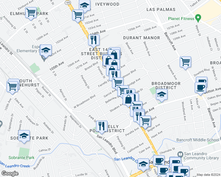 map of restaurants, bars, coffee shops, grocery stores, and more near 220 Lafayette Avenue in San Leandro