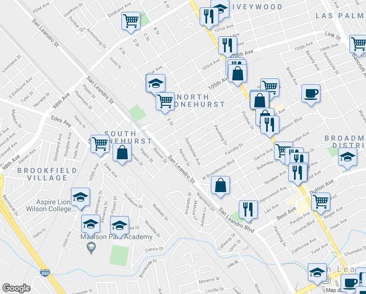 map of restaurants, bars, coffee shops, grocery stores, and more near 79 Dorchester Avenue in San Leandro